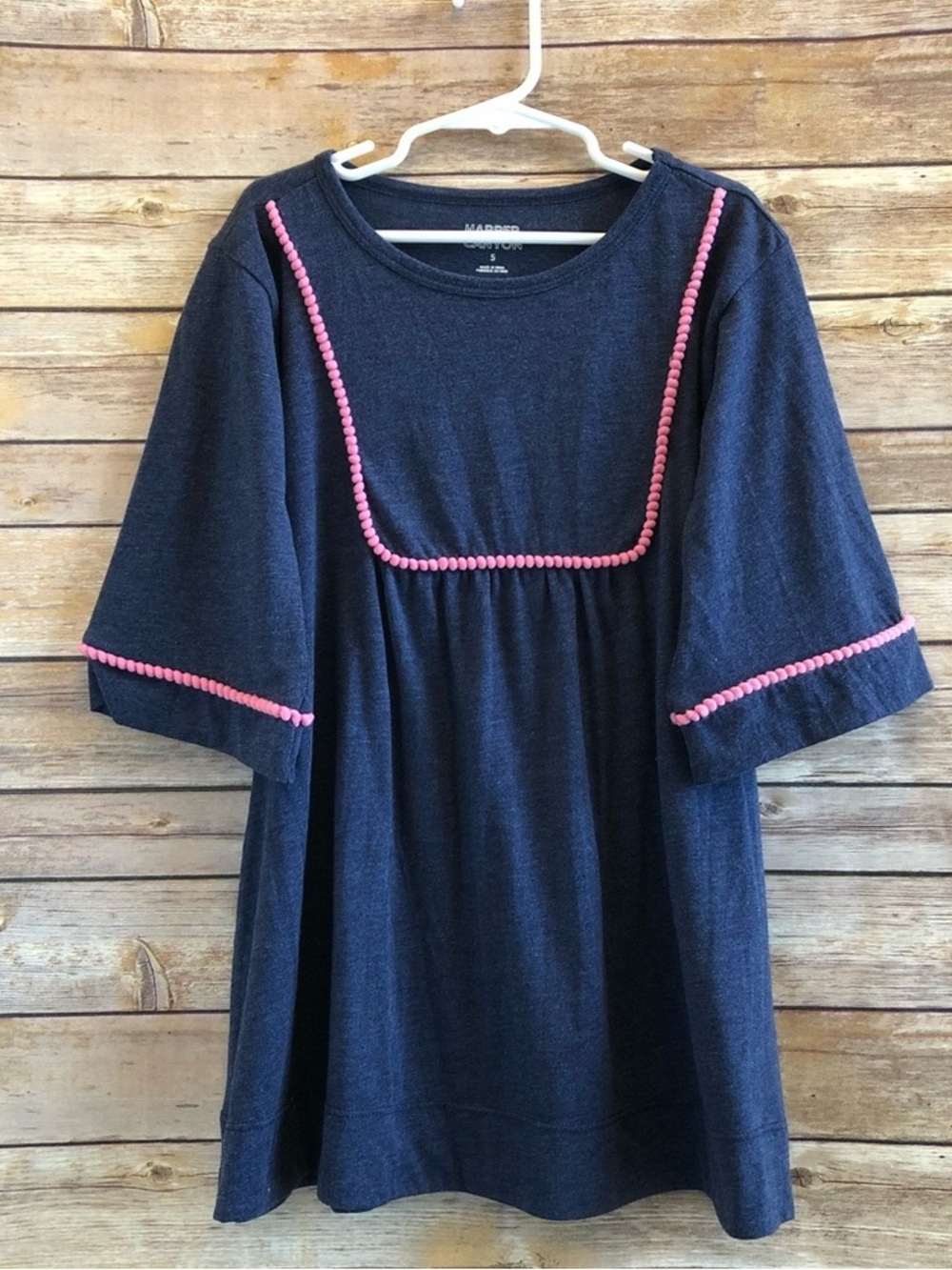 Navy Knit Tunic with Pink Pom Trim